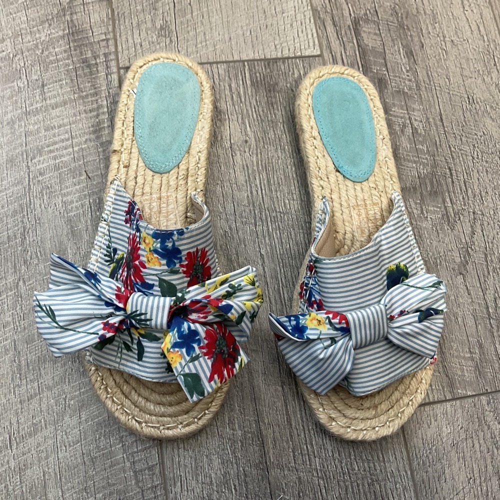 Vintage Havana Lilly Blue Floral Striped Bow Espadrille Slide Sandals Woman's 10 - Picture 3 of 10